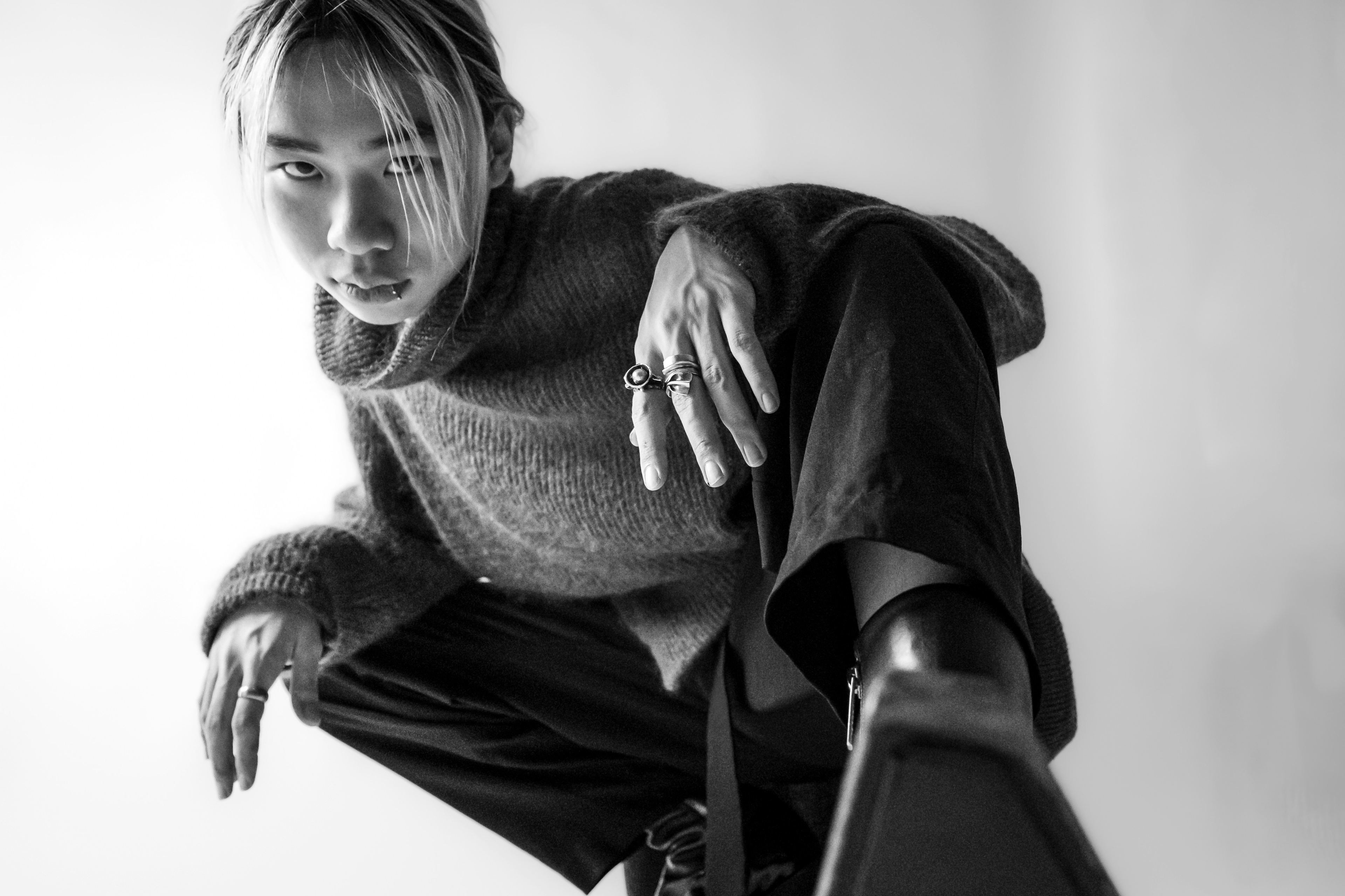Midnight velvet column dress on model in editorial
