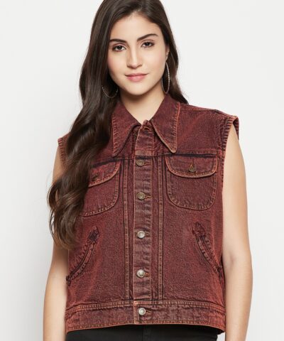 DENIM SLEEVELESS BROWN JACKET WITH FLAP POCKET